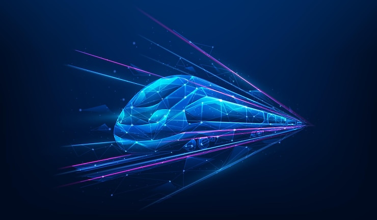 Vector tren moderno de alta velocidad tecnología digital bajo poli marco de alambre fondo azul transporte futuro
