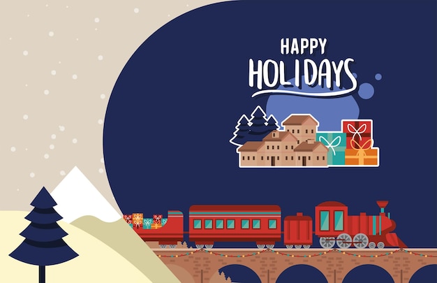 Vector tren de navidad y casas