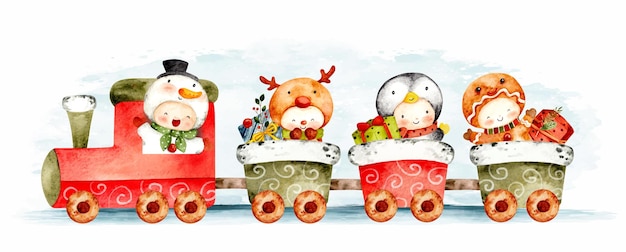 Tren de navidad dibujado a mano en acuarela
