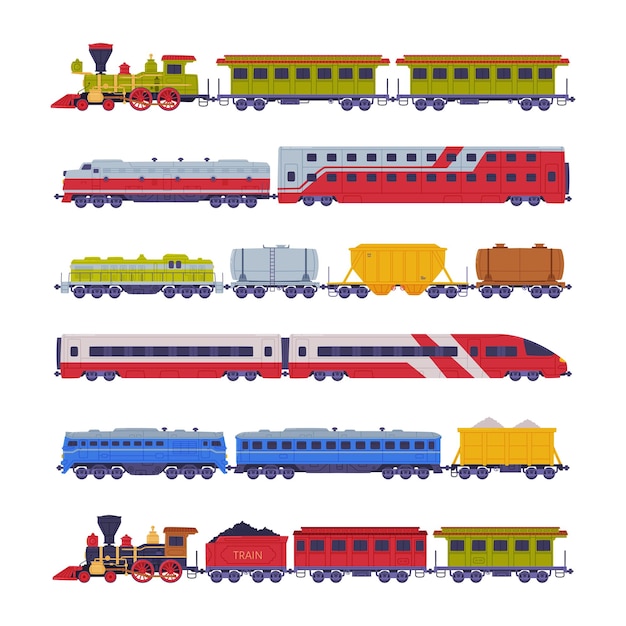 Tren o locomotora con vagón que tira carga y carga Vector Set de mercancías vagones o automóviles tirados en ferrocarril como concepto de transporte de la industria logística
