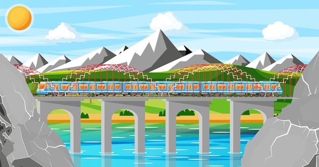 Vector tren y paisaje con montaña