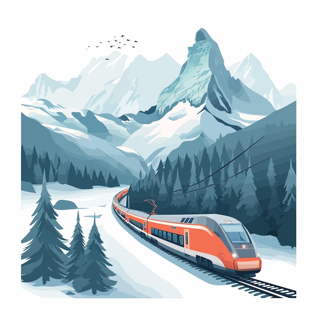 Vector el tren pasa por la nieve de la montaña