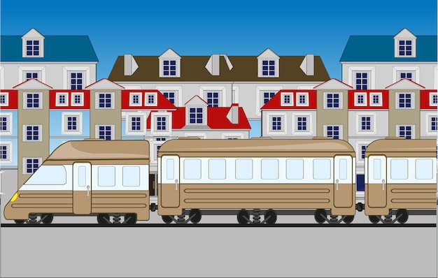 El tren de pasajeros con autocar llega a una pequeña ciudad