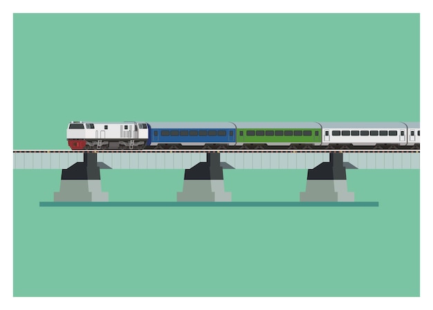 El tren de pasajeros cruza el puente Ilustración plana simple