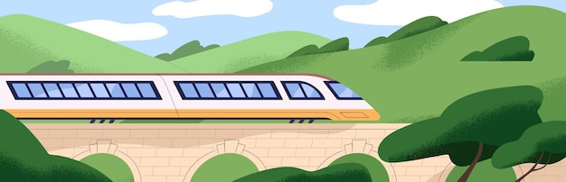 El tren de pasajeros de los ferrocarriles expresos con vagones pasa por un puente de ladrillo entre el paisaje rural El transporte moderno del ferrocarril está en viajes en paisajes naturales Ilustración vectorial plana