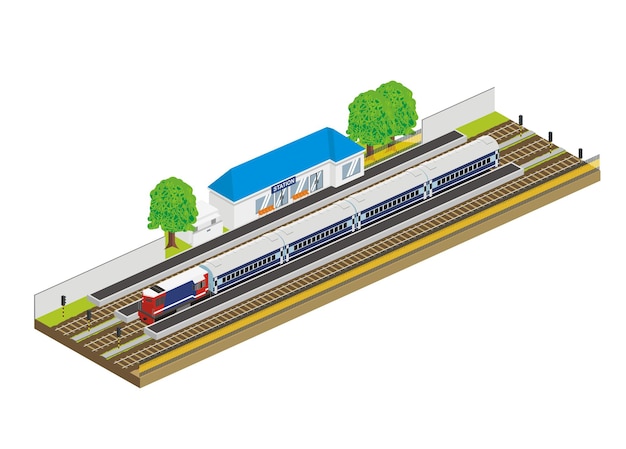 Vector el tren de pasajeros que entra en la estación de tren ilustración plana simple en vista isométrica