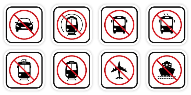 Tren prohibido Trolley Coche Motocicleta Tranvía Bicicleta Avión Autobús Barco Silueta negra Conjunto de iconos