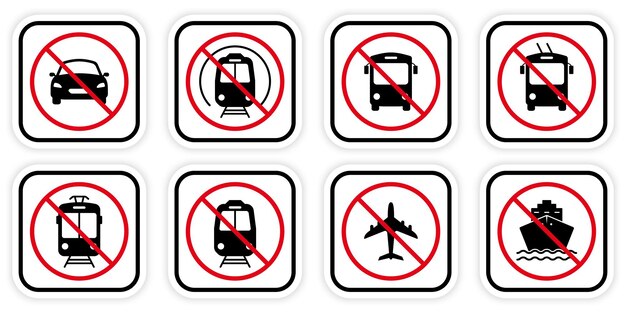 Tren prohibido Trolley Coche Motocicleta Tranvía Bicicleta Avión Autobús Barco Silueta negra Conjunto de iconos