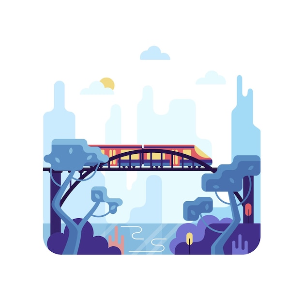 Tren rojo en la ilustración de dibujos animados de vector cuadrado de puente en estilo plano