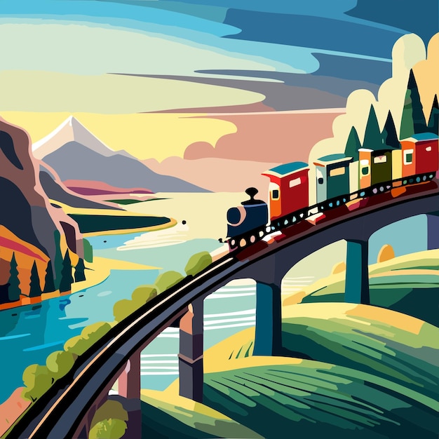 Vector un tren sobre un puente con una montaña al fondo.