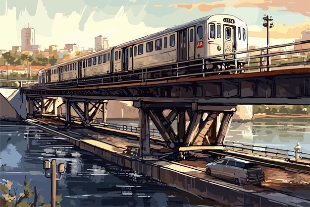 Vector un tren sobre un puente sobre un río.