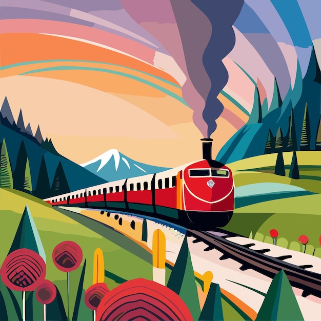 Vector un tren con un tren rojo sobre el fondo de un paisaje con montañas y árboles.