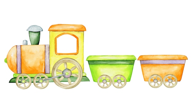 Tren y vagones, coloridos, al estilo de dibujos animados. imágenes prediseñadas de acuarela.