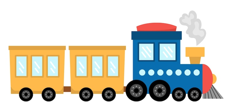 Vector tren de vapor azul vectorial locomotora o motor gracioso con vagones amarillos para niños arte de clip de vehículo lindo icono de transporte público aislado en fondo blanco