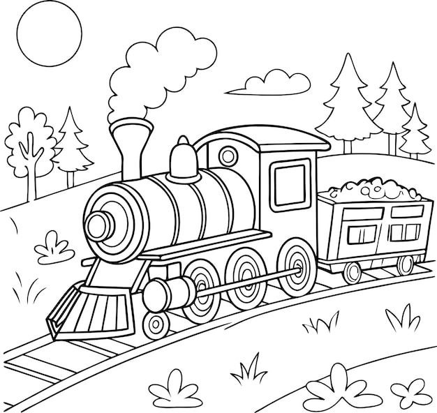 Tren de vapor de dibujos animados en vías en un paisaje