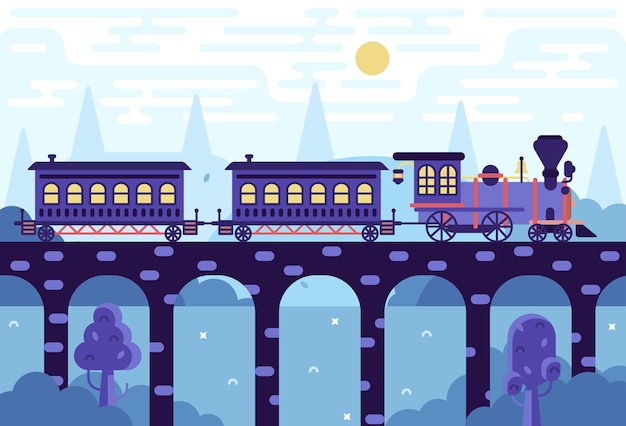 Tren vintage en la ilustración de dibujos animados de vector de puente en estilo plano