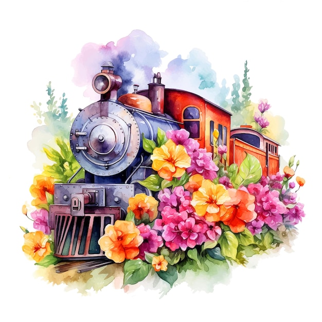 Vector tren vintage rodeado de flores pintura acuarela