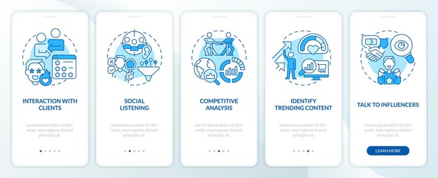 Trendspotting pasos pantalla de aplicación móvil de incorporación azul