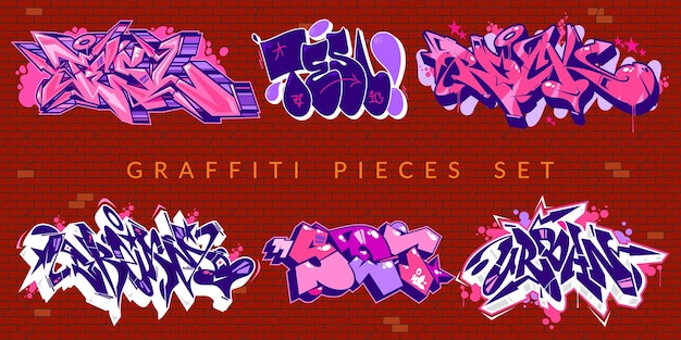 Trendy Abstract Colorful Urban Graffiti Pieces o Street Art Lettering Vector Ilustración Conjunto de ilustraciones que se pueden encontrar en cualquier lugar del mundo.