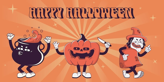 Trendy Groovy retro 70s Halloween web banner con guante caldero de poción de bruja de calabaza y inscripción feliz Halloween Funky vintage personajes y elementos de dibujos animados