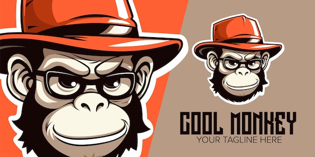 Trendy Monkey Mascot Cool Hat y gafas Diseño de logotipo para equipo de deportes electrónicos deportivos y más