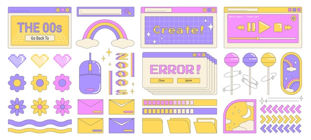 Trendy Y2K conjunto de elementos de diseño de objetos retro pegatinas computadora escritorio windows reproductor de mp3 piruletas flor y píxeles símbolos de corazón