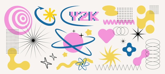 Trendy Y2K conjunto de elementos retro abstractos signos y símbolos Objetos vectoriales decorativos