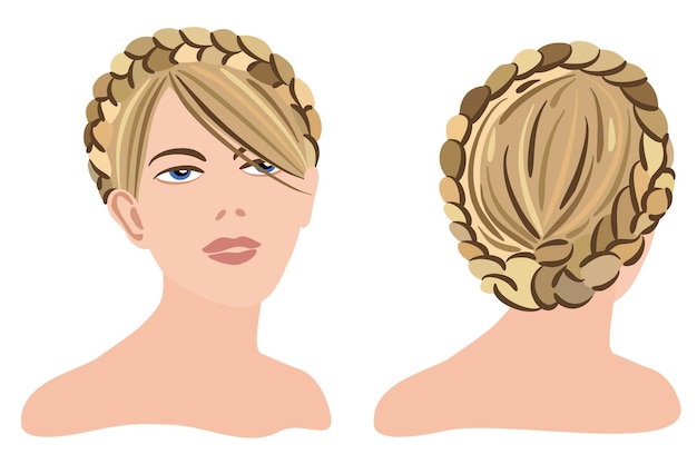 Trenza alrededor de la cabeza. peinado original, vista frontal y trasera.  ilustración aislada vectorial. | Vector Premium