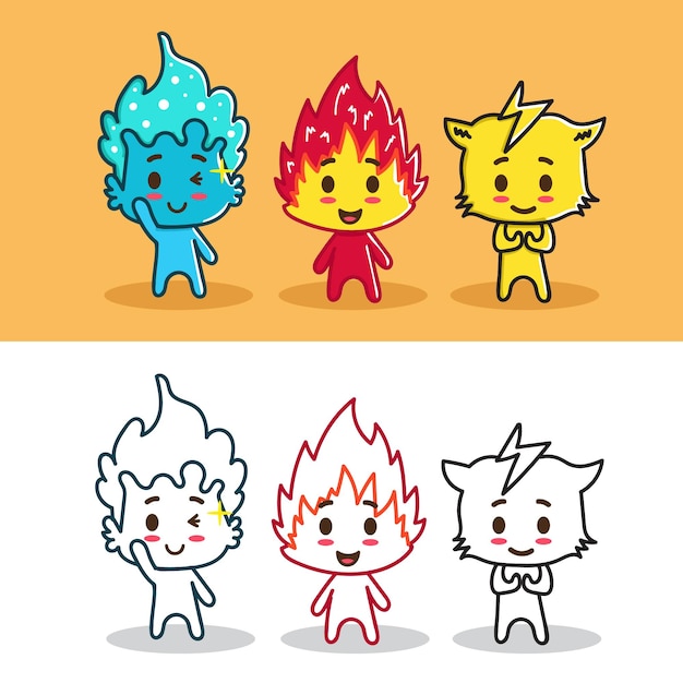 Tres adorables mascotas elementales para un elemento de diseño o un elemento de libro para colorear