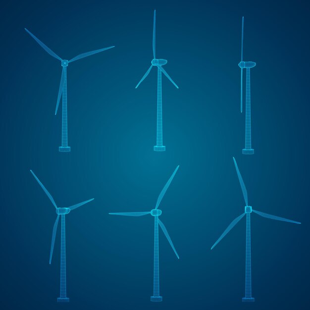 Tres aerogeneradores Conjunto de imágenes vectoriales Concepto energía natural