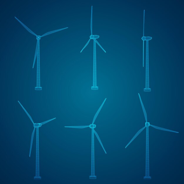 Tres aerogeneradores conjunto de imágenes vectoriales concepto energía natural