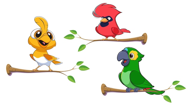 Tres alegres pájaros de dibujos animados en las ramas
