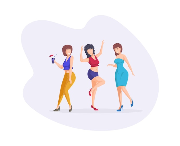 Tres amigas bailando en la fiesta. Mujer sonriente relajándose con cócteles en la discoteca
