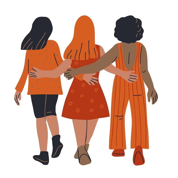 Vector tres amigas caminando juntas vista desde atrás ilustración de vector de dibujos animados dibujados a mano