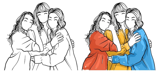 Tres amigas riendo y pasando el rato juntas reunión simple dibujo de línea de arte colorido