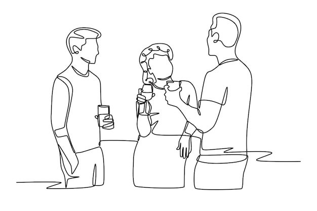 Tres amigos bebiendo mientras pasan el rato Bebidas concepto al aire libre dibujo en línea