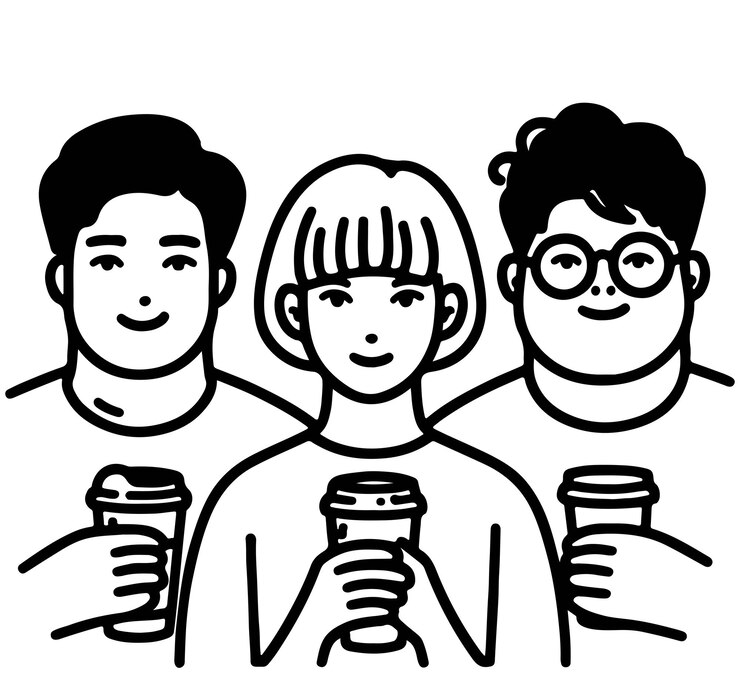 Tres amigos con café Ilustración de línea