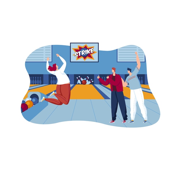 Tres amigos celebran una huelga en una bolera dos hombres animando y una mujer saltando de alegría Actividades de ocio amistad y diversión en la ilustración vectorial del centro de bolos cubierto