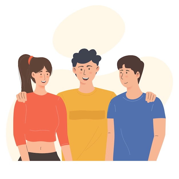 Tres amigos felices en la ilustración de grupo