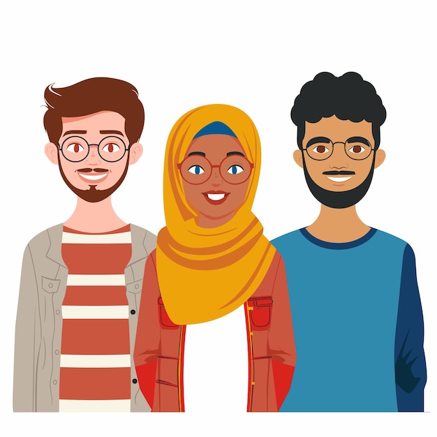Tres amigos de pie juntos dos hombres una mujer con hijab sonriendo grupo diverso Casual
