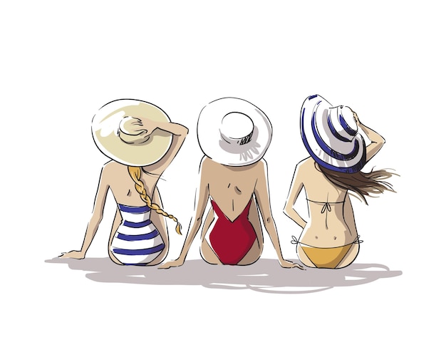 Tres amigos en la playa. Mujeres jóvenes sentados juntos en la playa, ilustración de vector de vista posterior