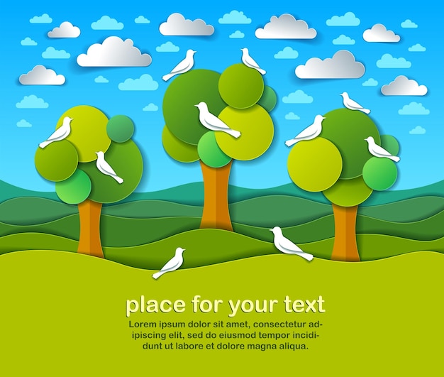 Vector tres árboles con pájaros en el campo naturaleza escénica paisaje dibujos animados estilo moderno corte de papel ilustración vectorial.
