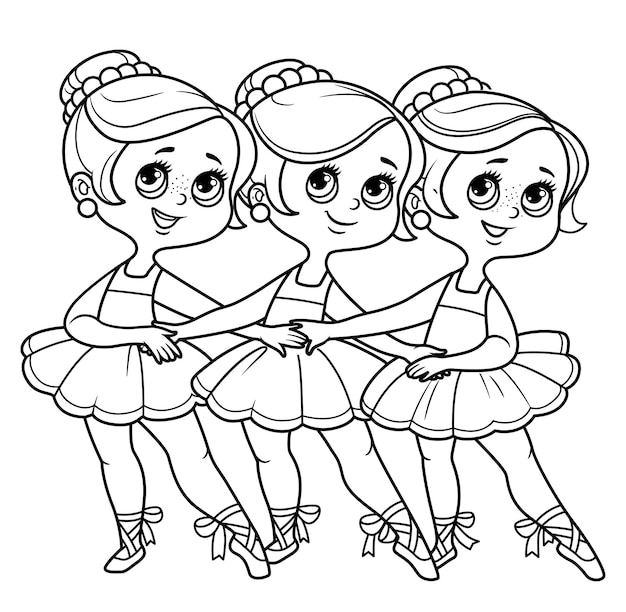 Tres bailarinas de dibujos animados bailando la danza de los pequeños cisnes delineados para colorear aislados en un fondo blanco | Vector Premium Tres bailarinas de dibujos animados bailando la danza de los pequeños cisnes delineados para colorear aislados en un fondo blanco | Vector Premium