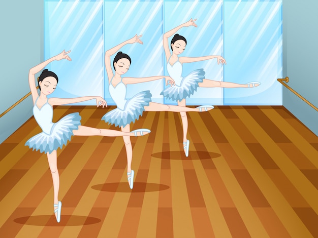 Tres bailarines de ballet dentro del estudio.