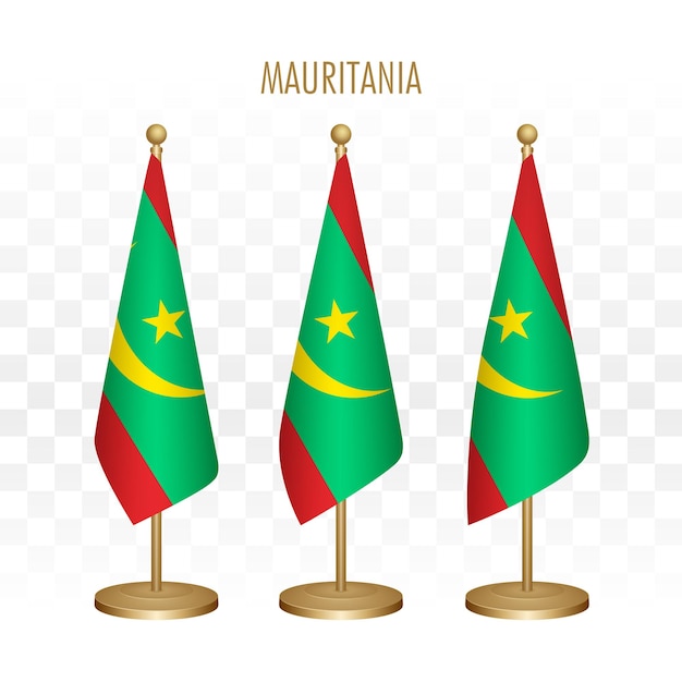 Tres banderas de mauritania con la bandera sobre un fondo transparente