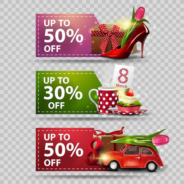 Tres banners de descuento para el día de la mujer con regalos.