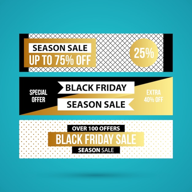 Tres banners horizontales de black friday en estilo dorado sobre fondo turquesa