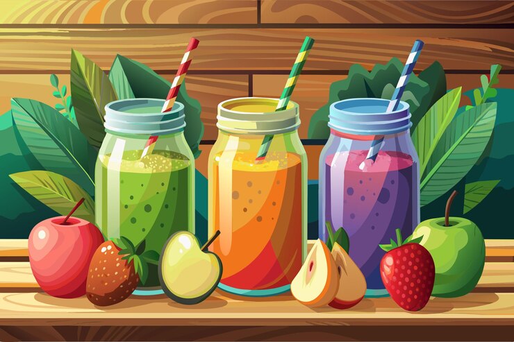 Vector tres batidos de frasco de albañil con pajitas flanqueadas por una variedad de frutas