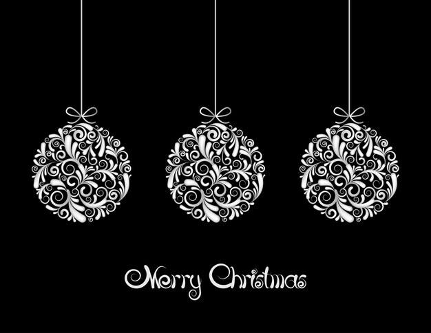 Tres bolas de Navidad blancas sobre fondo negro. Ilustración vectorial
