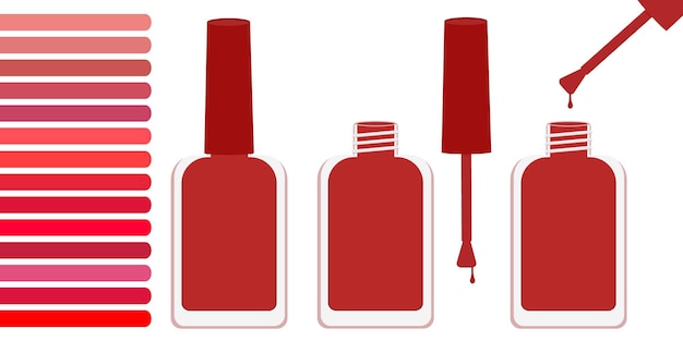 Tres botellas con barniz rojo, abiertas y cerradas. cerca hay una paleta con tonos de rojo. ilustración vectorial